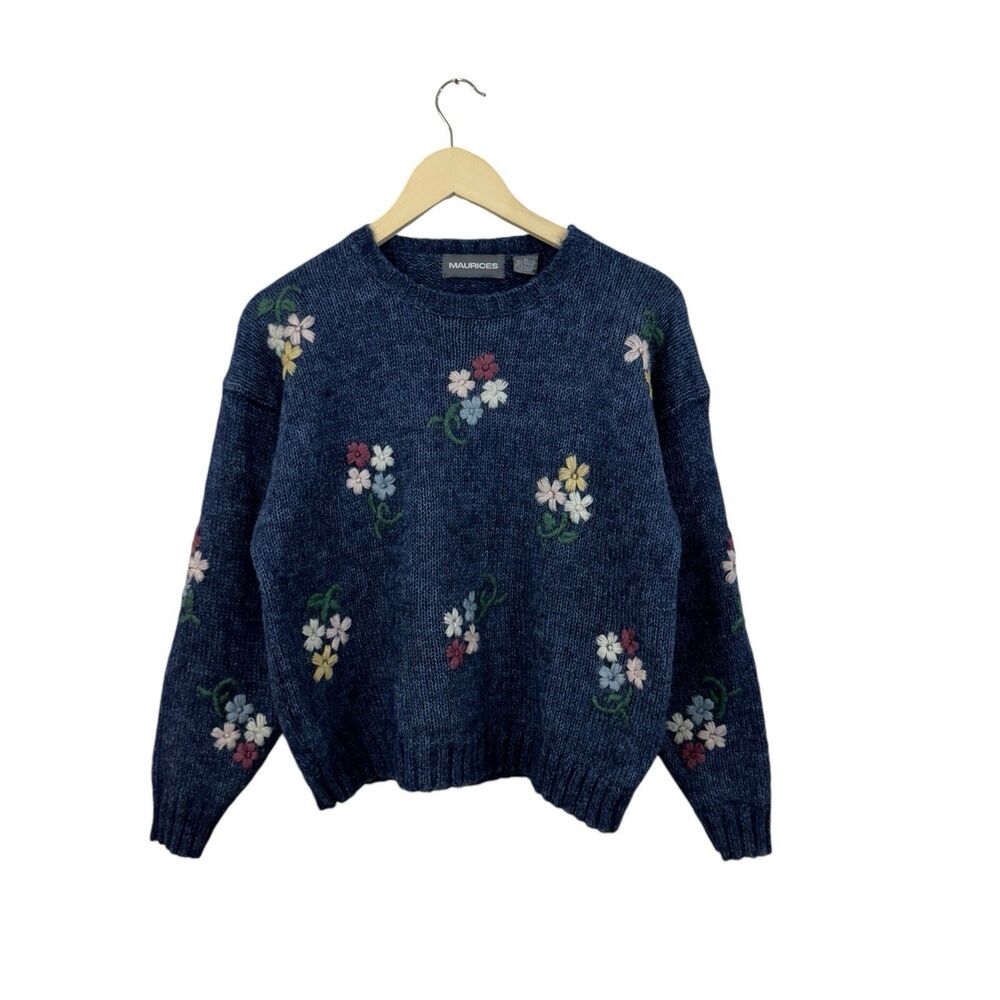 Vintage Maurices Medium Sweater Embroidered Floral Mohair Pullover Blue Womens